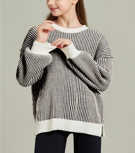 Girls Sweaters Pullover Long Sleeve Crewneck Oversized Casual Knit Striped Sweater Cute Jumper Tops4
