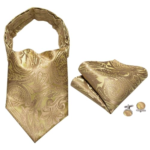 Image of Barry.Wang Ascot Ties Cravat Tie Men Paisley Plaid Scarf Self Tie Pocket Square Cufflinks Set Wedding Party