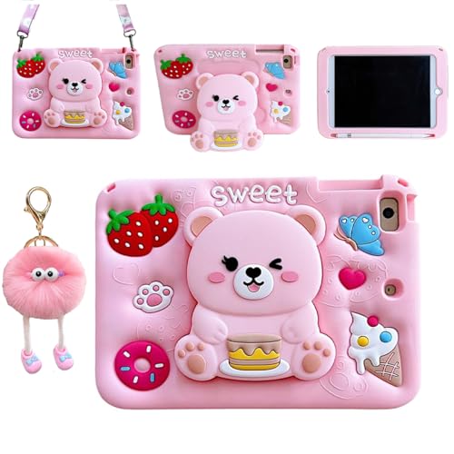 Lubiogio 3D Cute Bear Case for Samsung Galaxy Tab A7 Lite 2021 8.7 inch SM-T220/T225/T227,Kawaii Cartoon Sweet Bear Soft Silicone Foldable Stand Case with Lanyard for Teens Girls Women