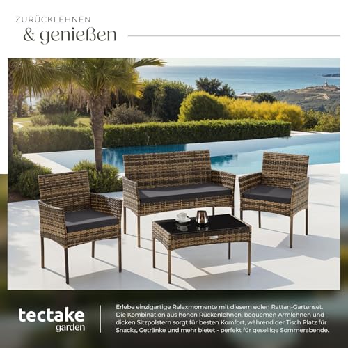 tectake® Rattan Gartenmöbel Set, Outdoor Lounge Möbel,1x Gartenbank, 2X Stuhl, 1x Balkontisch, mit Outdoor Kissen wetterfest, Balkonmöbel Kleiner Balkon, Lounge Gartenmöbel, Terrassenmöbel - Natur