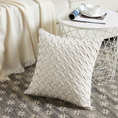 Fancy Homi Pack Of 2 Accent Decorative Throw Pillow Covers With Cute Basket Weave Pattern,Soft Suede Solid Square Cushion Case Set For Couch Sofa Bedroom Car Living Room (20X20 Inch/50X50 Cm, Cream) #TOP1
