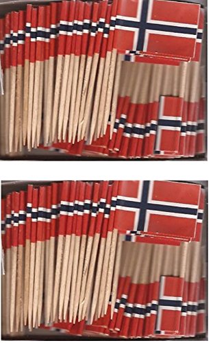 2 Boxes Mini Norway Toothpick Flags, Total 200 Small Mini Norwegian Flag Cupcake Toothpicks or Tiny Cocktail Sticks & Picks
