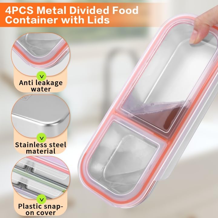 Miniatura 3 de Paquete de 4 cajas Bento de acero inoxidable con tapas, grado 304, recipientes de almacenamiento de alimentos con 2 compartimentos, juego de