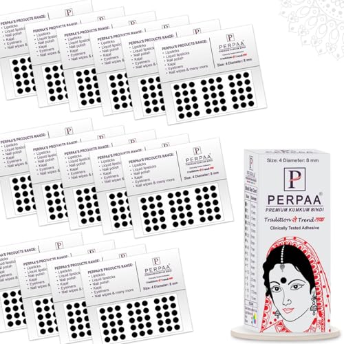 Image of PERPAA Kumkum Velvet Round Sticker Bindi Box of 15 Flaps for Ladies Women Forehead Bindi (Stick On) (Size 4, Diameter 8mm, Black)-Self-Adhesive