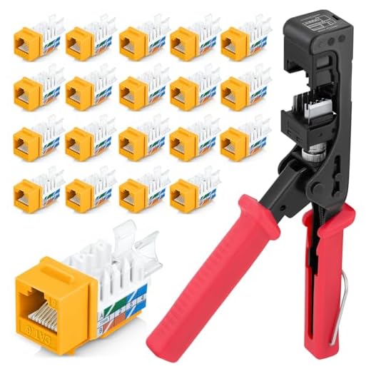 Everest 45Term - 45° Angled Speed Termination Keystone Tool Set - with 20-Pack of RJ45 Cat6 Keystone Jacks in Yellow (Slim Profile Design) - Time Saver Network Punch Down Tool Cat6
