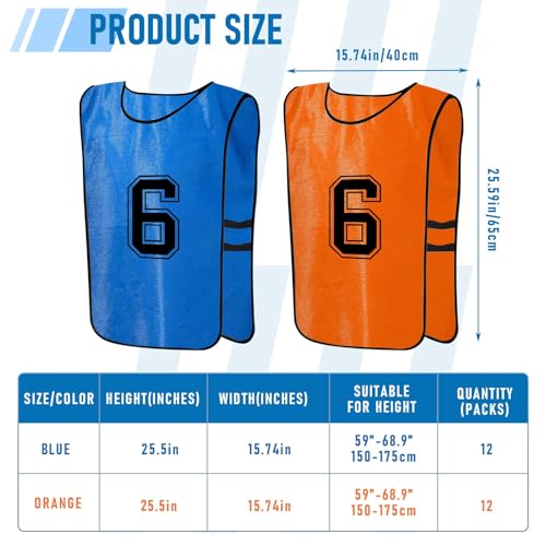 24Pcs Numbered Pinnies Youth, Blue & Orange, Practice Jerseys for Soccer, Basketball, Hockey, Lightweight Training Bibs Adult - Image 3