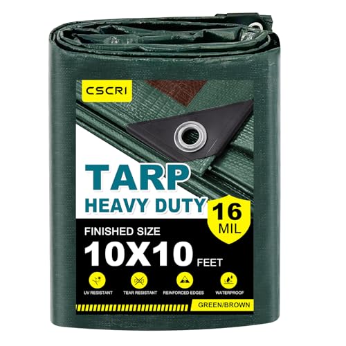 16Mil Finished Size 10 x 10 Tarp Heavy Duty Waterproof Large Outdoor Multipurpose Protective Cover (Green/Brown)