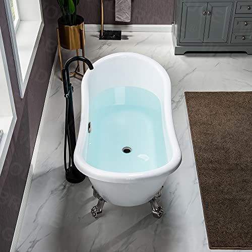 WOODBRIDGE 59\" Heavy Duty Acrylic Double Slipper Clawfoot Bath Tub with Brushed Nickel Feet + Brushed Nickel Drain &Overflow