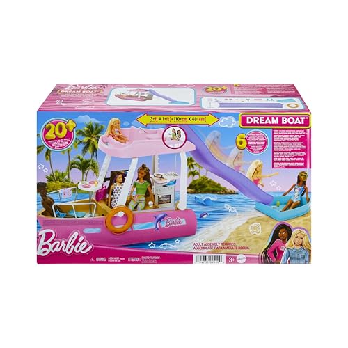 Barbie Traumboot Spielset, Rutsche und Schwimmzeug, 20+ Zubehörteile, ohne Puppe, als Geschenk für Kinder ab 3 Jahren geeignet, HJV37