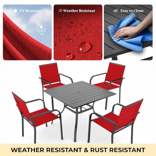 Image of Anmutig 5 Piece Patio Dining Set, Outdoor Stackable Chairs and 35 inch Square Metal Patio Table with 1.57 inch Umbrella Hole for Garden Backyard Deck, Red