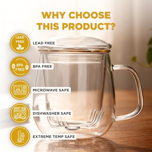 Image of Glass Tea Cup with Infuser & Lid | Heat Resistant, Thick Clear Borosilicate Glass Tea Infuser Mug for Loose Leaf Tea | Perfect for Corporate Gifting or Birthdays | 420ml