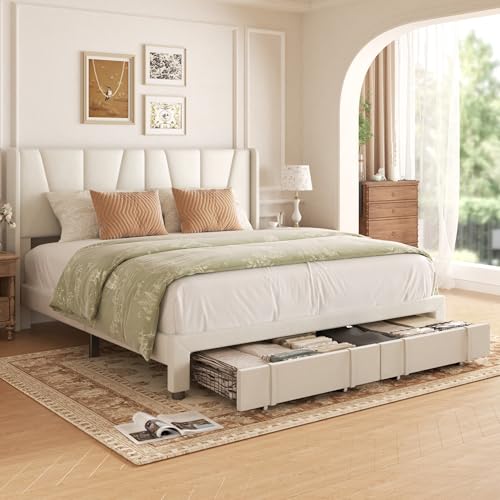 King Bed Frame with Storage Drawers, Upholstered King Size Platform Bed with 47″ Tall Headboard and Wingboard, No Box Spring Needed, NO Noise, Easy Assembly, Wooden Support Slats, Beige