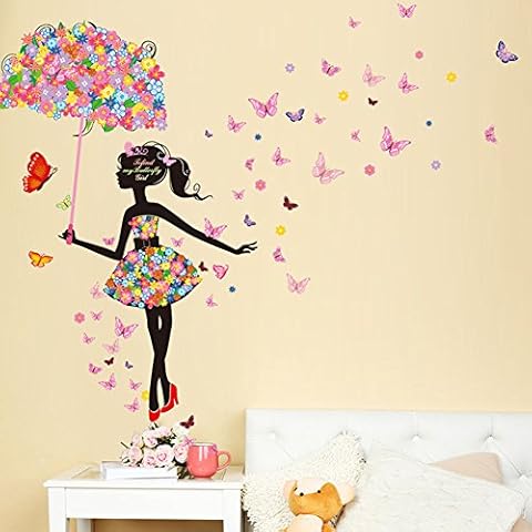 Wallpark Colorful Flower Butterfly Fairy Girl Holding Flower Umbrella Removable Wall Sticker Decal, Children Kids Baby Home Room Nursery DIY Decorative Adhesive Art Wall Mural Cover