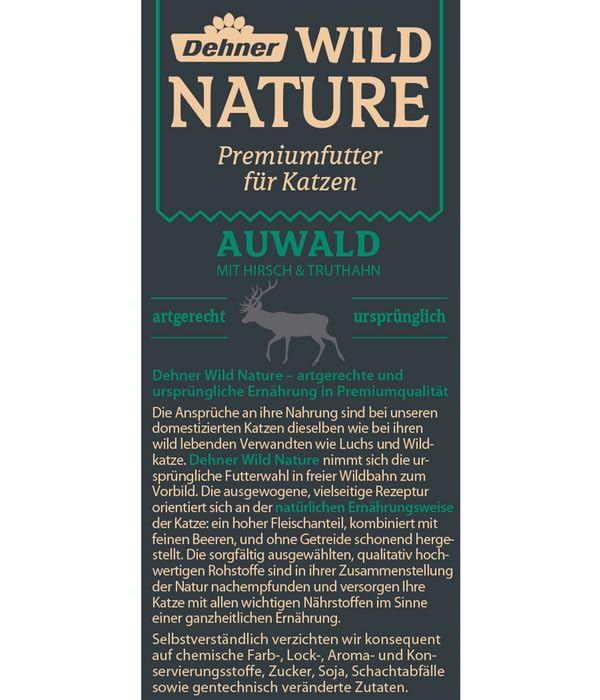 Dehner Wild Nature Katzenfutter Auwald, Nassfutter getreidefrei / zuckerfrei, für ausgewachsene Katzen, Hirsch / Truthahn, 16 x 85 g Beutel (1.36 kg)