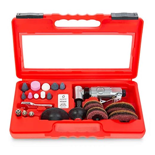 Sunex SX264K, 1/4 Inch Drive Mini Right Angle Air Die Grinder Kit with Speed Regulator, Safety Throttle, Ball Bearing Construction, and Storage Case, 20000 RPM
