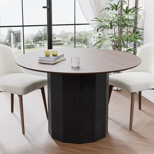 Casaphoria 46 inch Round Walnut Wood Dining Table for 4, Black Cylinder Pedestal Base, Modern Farmhouse Style, Kitchen & Dining Room Table