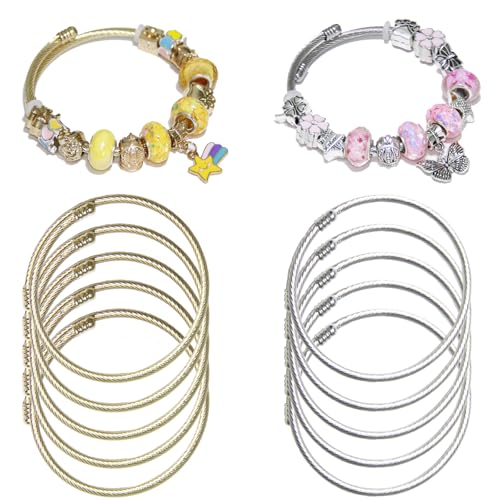 Exway 10 Pcs Elastic charm Bracelet chain Stainless Steel Cable Wire Twisted Cuff Bangle Bracelet Gold And Sliver charm Bracelets Kit for Crafts DIY Women Jewelry Making