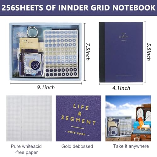 Image of ATIRAMANIYA Vintage Aesthetic Scrapbook Kit(346Pcs) Scrapbooking Supplies Kit with Bullet Junk Journal,Stationery,A6 Grid Notebook Journaling Gift for Girl (New Blue Scraobook)