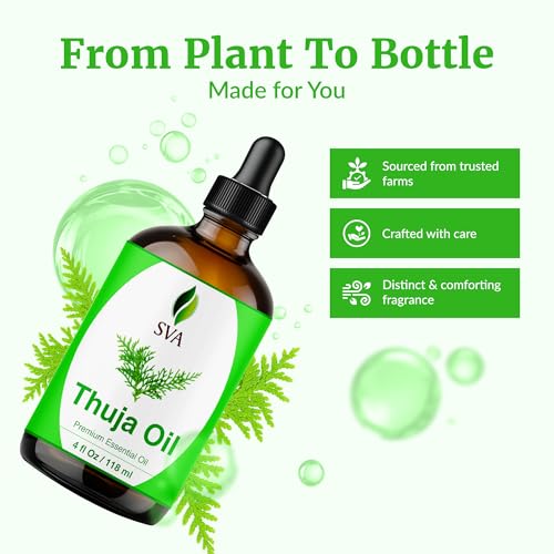 Image of SVA Thuja Essential Oil 4 Fl Oz - for Diffuser, Skin & Hair Care - Ideal for Massage & DIY Blends - with Dropper