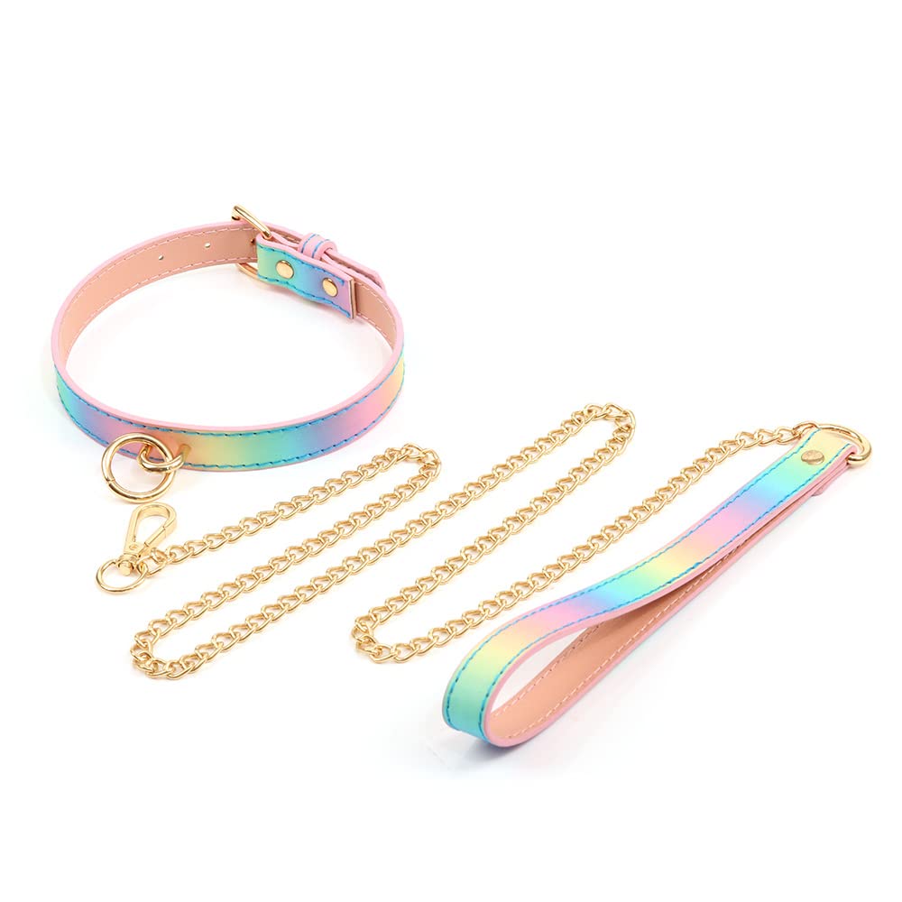 LEWECEEO Women Colorful Collar Choker Cosplay O-ring Collar Choker with Golden Chain Leash for Women Girls