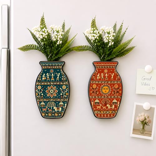 Image of Regalo Casila Magnetic Artificial Flower Vase Fridge Magnets Set of 2 Rajasthani Folk Art Royal Elephant Traditional Indian Refrigerator Kitchen Home Office Decor Housewarming Gift