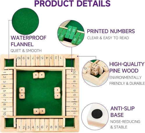 Image of Wooden Shut The Box Game for Kids & Adults | 4-Player Math Learning Board with Dice | Montessori Educational Toy | Wooden Number Flip Strategy Game | Family Board Game (Classic)