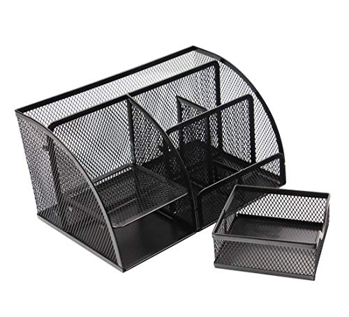 Image of Metal Wire Mesh 6 Compartment Desk Organizer Pencil Holder with Drawer Desk Tidy Stationary Holder