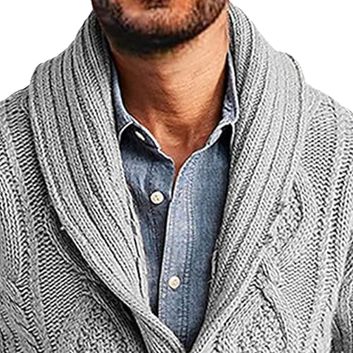 Mens Twists Knitted Sweater Cardigan Cable Knit Shawl Collar Loose Cardigans Stand Collar Cable Knit Button Sweaters (Grey,Medium)2