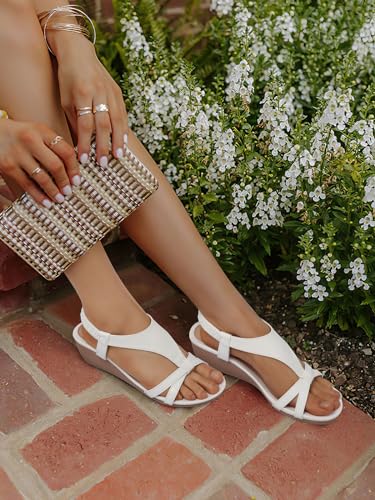 Image of SHIBEVER Wedge Sandals for Women Dressy: White Size 8 Summer Platform Strappy Sandals - Comfortable Walking Slip on Casual Womens Sandal