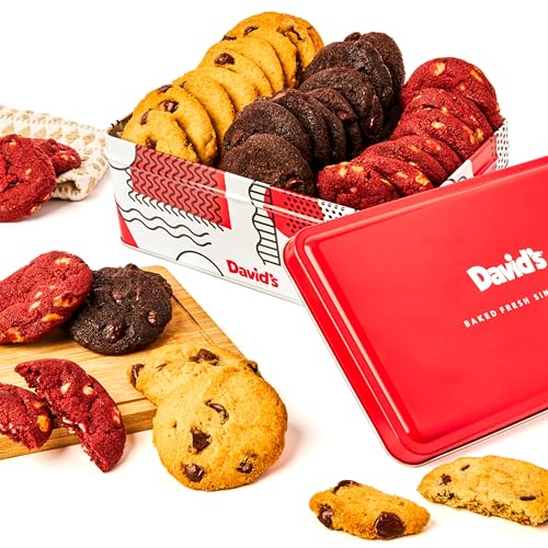 David’s Cookies Fresh-Baked Sweet Sampler Mini Bites Tin – 1.7 Lbs Assorted Mini Cookies with Chocolate Chip, Chocolate & White Chocolate Chip & Red Velvet – Delicious Gourmet Gift For All Occasions