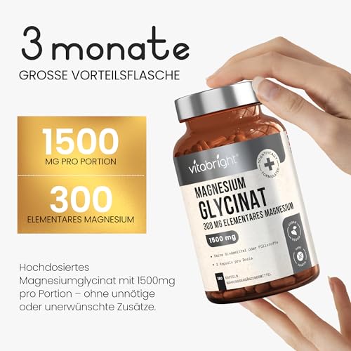 Magnesium Bisglycinat 300 mg | 180 Kapseln | 3 Monate Vorrat | Hochdosiert Chelatiertes Magnesium Glycinat | Vegan | Ohne Zusatzstoffe | Laborgeprüft | VitaBright Magnesiumbisglycinat