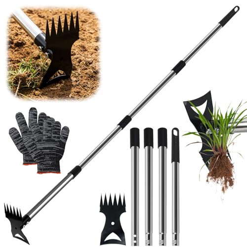 Herramienta extractora de malezas con mango largo - Azada de jardín y rastrillo de malezas 2 en 1, herramienta de jardín para jardinería, herramienta de desarraigo para patio, césped, patio, jardín