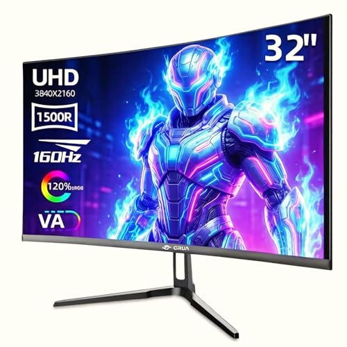 CRUA 32' Curved Gaming-Monitor, 4K UHD (3840 x 2160p) VA-Bildschirm, 1500R, 144/160 Hz, unterstützt AMD FreeSync, 120% sRGB, HDR10, Wandmontage möglich, 2 x HDMI 2.1, 2 x DisplayPort 1.4