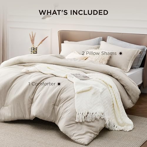 Image of Bedsure Super King Comforter Set - Beige Soft Bedding for All Seasons, Cationic Dyed Bed Set, 3 Pieces, 1 Super King Size Comforter (120 inchx120 inch) and 2 Pillow Shams (20 inchx36 inch+2 inch)