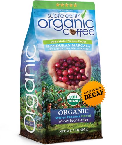 2LB Subtle Earth Organic Decaf - Swiss Water Process Decaf - Medium Dark Roast - Whole Bean Coffee - Low Acidity - Organic Certified by CCOF - 2 Pound Bag