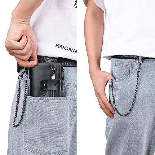 Mens Wallet with Chain Genuine Leather Purse RFID Blocking Bifold Double Zipper Coin Pocket with Anti-Theft Chain2