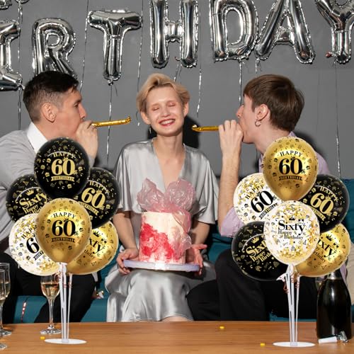 Image of TONIFUL 4 Set Black Gold 60 Printed Balloon Stands for 60th Birthday Decor