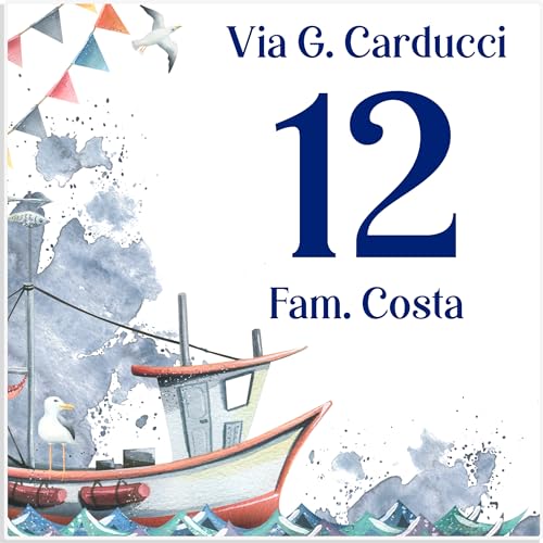 Caribu design Numero Civico Personalizzato da Esterno - Mattonella in Ceramica 15x15 cm Targa Personalizzabile con Indirizzo, Via, Nome Famiglia, Testo - Piastrella Tema Mare Barca Quadrato