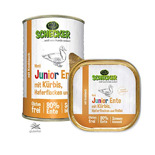 Schecker Nassfutter - Hundemenü Junior Ente mit Kürbis, Haferflocken und Vollei - 12 x 200 g - Welpenfutter - mit 80% Ente