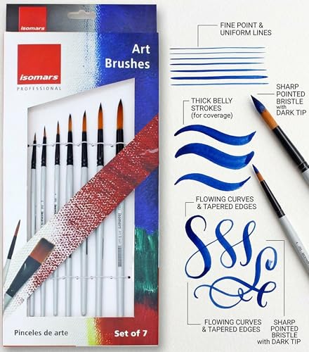 Image of Isomars Professional Round Paint Brush Set of 7 - Professional Golden Taklon Brushes for Watercolor, Acrylic & Oil Painting | Wooden Handle Artist Brushes for Detail Painting, Students & Designers