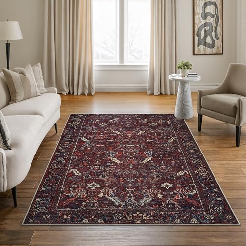 Bloom Rugs Washable Non-Slip 4' x 6' Rug - Burgundy Traditional Bordered Area Rug for Living Room, Bedroom, Dining Room, and Kitchen - Exact Size: 4' x 6'