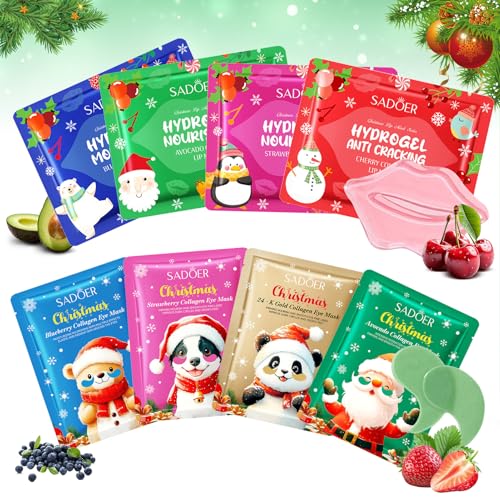 Set de Mascarilla Navideña para Ojos y Labios, Parches Ojos Bolsas y Ojeras, Lip Mask Aptas para LabiosSecos, Aguacate, Fresa, Arándano, Regalo de Skincare de Navidad