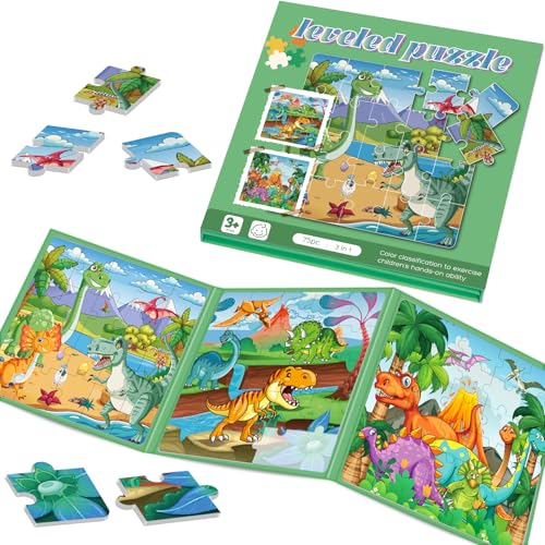 Image of Magnetic Puzzles for Toddlers 3-5 Dinosaur Puzzle Travel Toys for Kids | Jigsaw Puzzles for Kids 75-Pieces Travel Toys Dinosaur Puzzles Ages 4-6 Road Car Trip & Airplane
