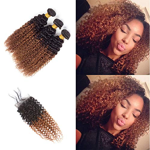 Ombre Bundles With Closure Kinky Curly 3 Bundles With Lace Front Closure T1B/30 Omber Hair Bundles 8A Grade Soft Brazilian Hair Extensions Tangle Free (12" 14" 16" & Closure 10") Inch