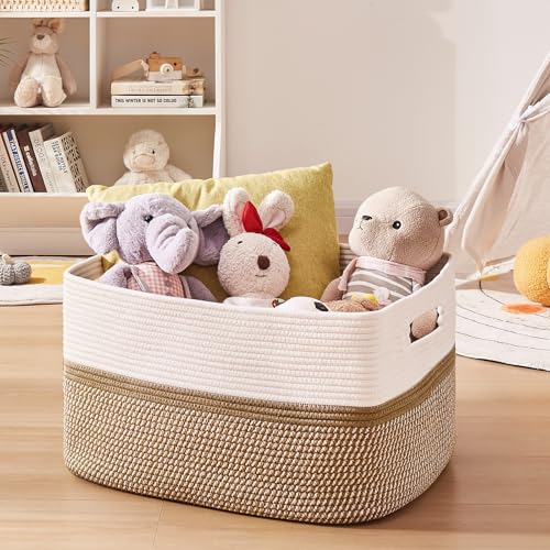 Image of OIAHOMY Large Blanket Basket, 22 inchx17 inchx12 inch Rectangle Woven Baskets, Nursery Blanket Storage Living Room, Toy Storage With Handle, Large Baskets for Organizing-Yellow /White