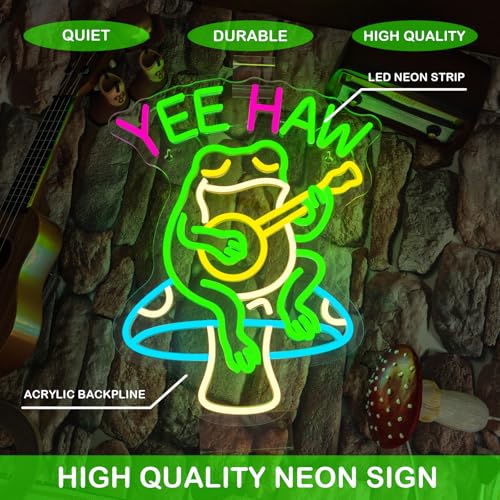 Image of Yee Haw Frog Neon Sign Guitar LED Light 13x16 Inch Cartoon Cowboy Frog Neon Signs for Bar Pub Man Cave Bedroom Game Room Wall Decor Music Fans Gift