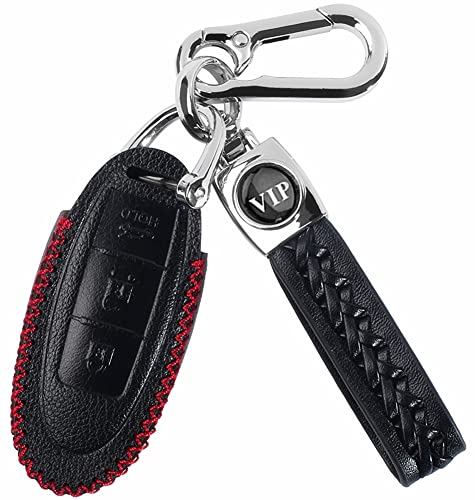 WAFERN Leather Car Keyless Entry Remote Control Smart Key Fob Case Cover with Braided Key Chain & Key Rings for Nissan Pathfinder Versa Juke 370Z Murano Rogue (3 Button) (Black)