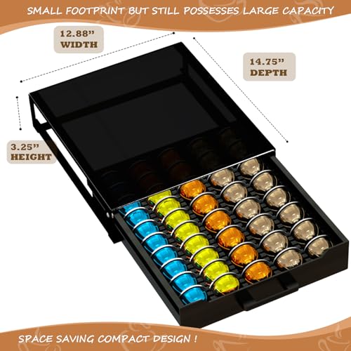 Coffee Pod Holder Drawer Organizer with Deluxe Black Tempered Glass Top, Compatible for Nespresso Vertuo Pods, Holds up to 75 Small or 50 Big Vertuo Pods Compact Design (Piano Black)