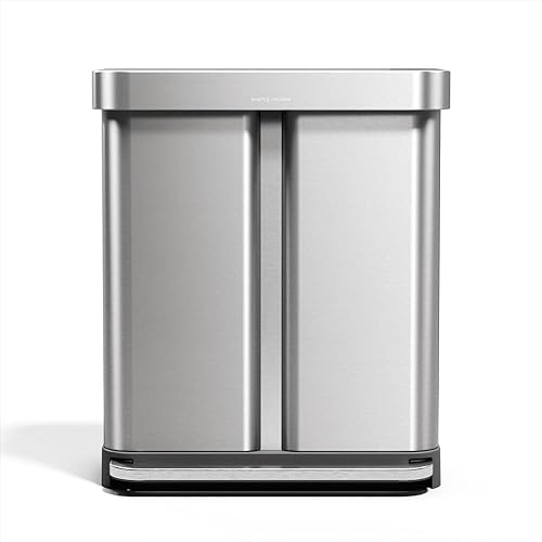 simplehuman 58 Liter / 15.3 Gallon Rectangular Hands-Free Dual Compartment Recycling Kitchen Step Trash Can with Soft-Close Lid, Brushed Stainless Steel