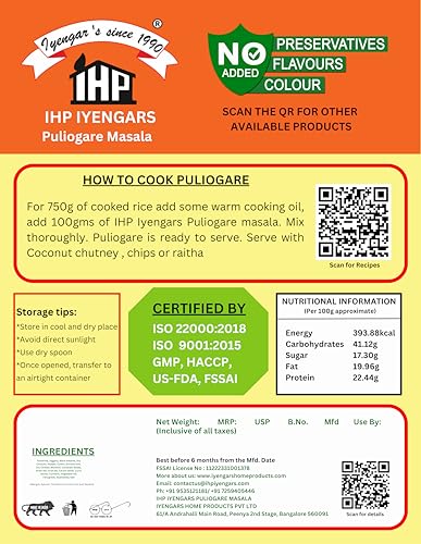 Image of IHP Iyengars Puliogare Masala - Authentic South Indian Tamarind Rice Mix - Pack of 3 (200g Each) - Quick & Easy - No Preservatives
